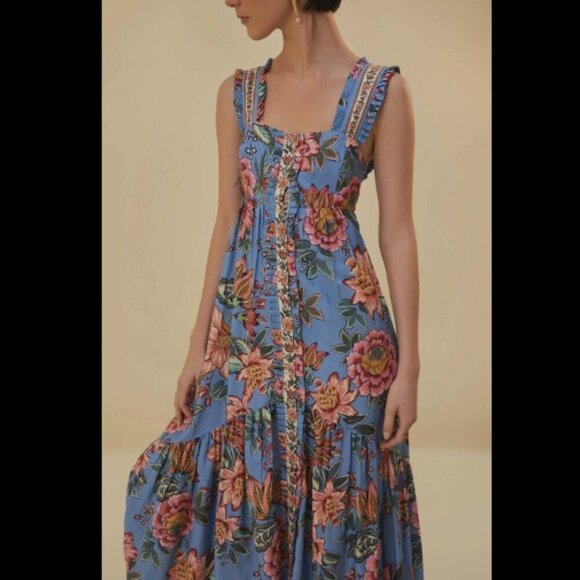 NWT Farm Rio Wonderful Bouquet Blue Sleeveless Maxi Dress Size Medium - Picture 4 of 17